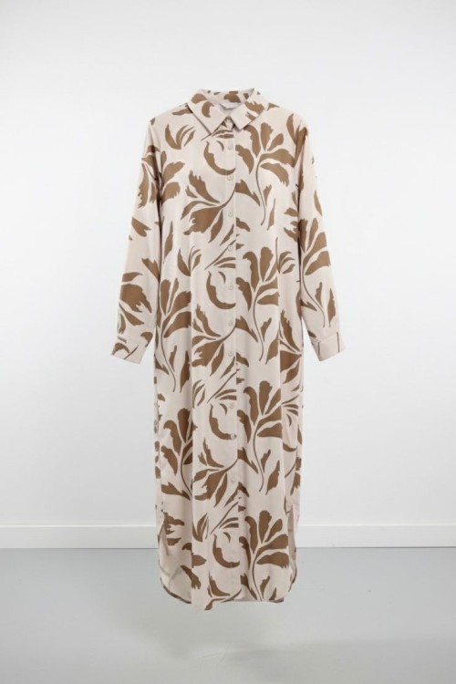 Yaprak Desenli Jessica Kumaş Uzun Tunik-Toprak