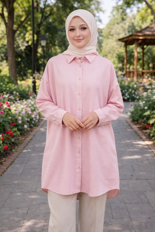 Yumuşak İncecik Tensel Kumaş Olina Gömlek-Pembe